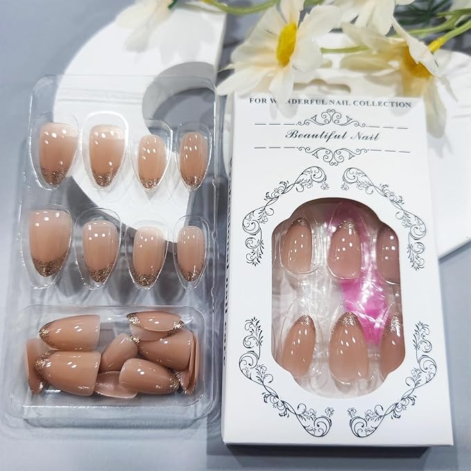 French Tips Medium Almond False Nail Simple Press on Nails Glossy Gold Glitter Stick on Nail 24Pcs Sparkly Gel Glue on Fingernails Acrylic Full Cover Fake Nails for Holiday Manicure Art