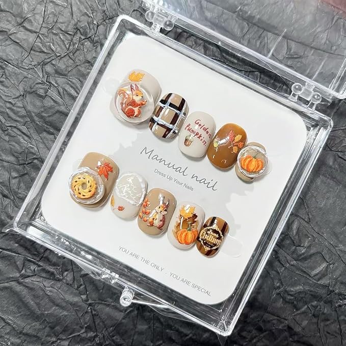 10Pcs Thanksgiving Press on Nails Petite Short Maple Leaf Fake Nails 3D Cute Squirrel with Pumpkin Design Fall Glue on Nail Full Cover Artificial Autumn False Nails for Women Holiday Acrylic Manicure