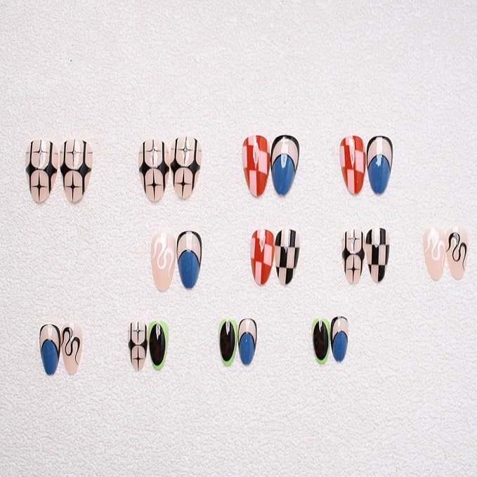 IMRAIN Press on Nails Medium Almond Fake Nails Glossy Glue on Nails Full Cover Black Blue Acrylic False Nails Stick on Nails for Women 24Pcs