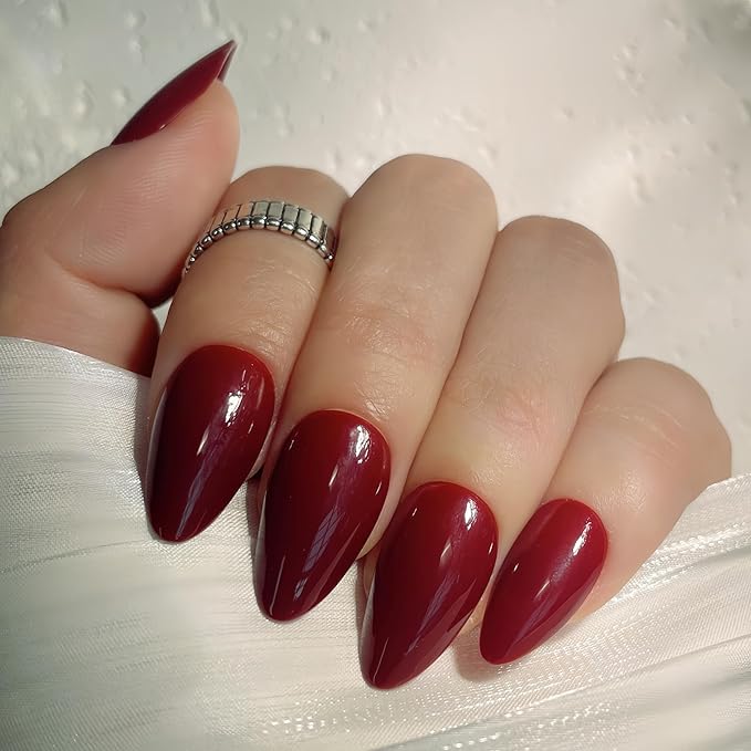 30PCS Short Almond Press-On Nails – Burgundy Fake Nails with 15 Sizes, Soft Back Edge & Durable Tip, No Measuring Needed, Reusable Stick-On Nail Tips for Women