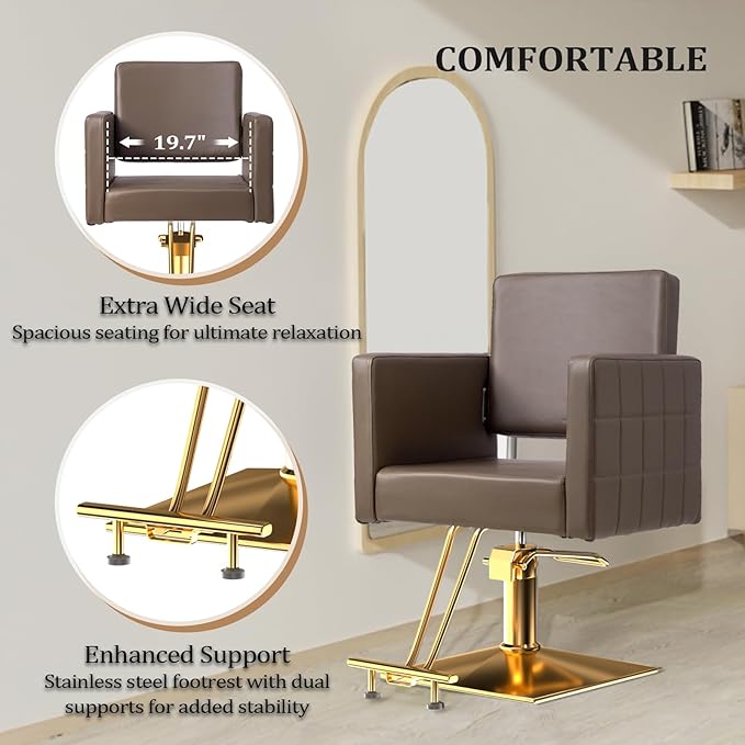 mefeir Brown and Gold Barber Chair Hair Salon Chair with Heavy Duty Hydraulic Pump, Square Base, Stainless Steel Footrest,Styling Chair for Beauty Spa Hairdressing Braiding