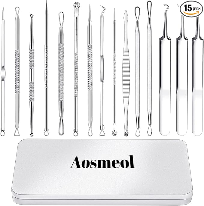15 PCS Pimple Popper Tool Kit,Blackhead Remover Comedone Extractor Tools,Professional Pimple Comedone Extractor,Stainless Steel Skin Blemish Removal Acne Tools for Forehead Nose Face with Metal Case