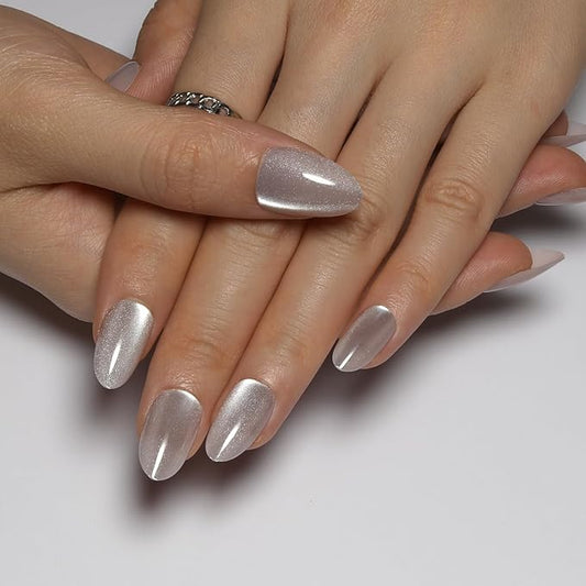 Nude Press On Nails Almond, Cat Eye Press On Nails Short Fake Nails with Color-Shifting Glow, Reusable Stick On Nails, 12 Sizes - 24 Nail Kit with Glue, Natural Glue On Nail for Women