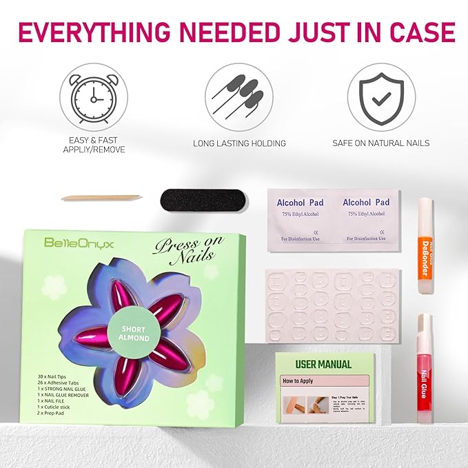 Press on Nails Short-Hot Pink Cat Eye Press on Nails Almond Natural Fit & Glossy Stick on Nails with Glue in 15 Sizes-30 Reusable Fake Nails with Glue & Glue Remover