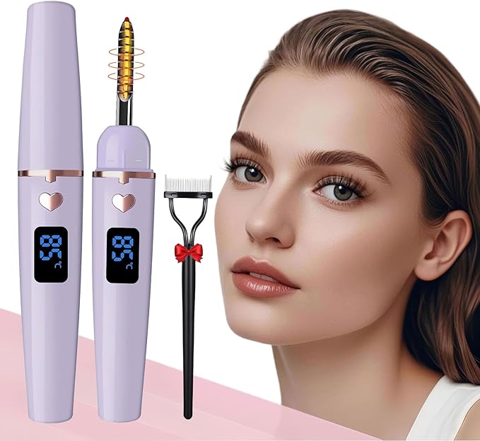 Heated Eyelash Curler, Electric Eyelash Curlers Type C Rechargeable, Heated Lash Curler for Women Natural Eye Lash Curler Makeup Tool with Eyelash Comb, 24 Hours Long Lasting-Dark Purple A
