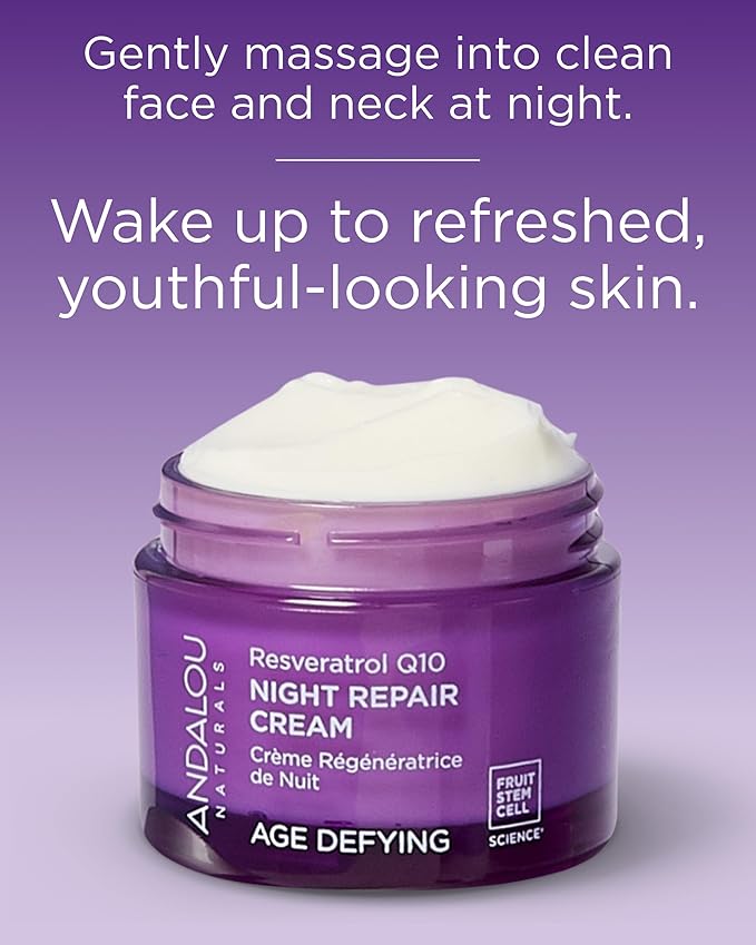 Andalou Naturals Age Defying Resveratrol Q10 Night Repair Cream - Anti-Wrinkle Moisturizer to Hydrate & Smooth - CoQ10 & Resveratrol for Dry Skin - 1.7 oz