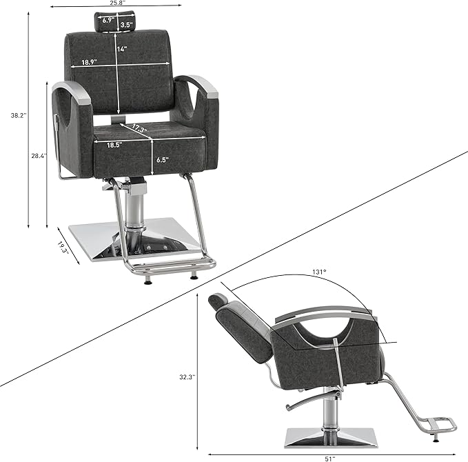 BarberPub Barber Chair for Barbershop,Reclining Salon Chair for Hair Stylist 9180 (Grey)