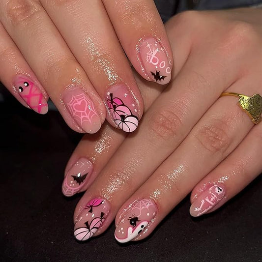24Pcs Halloween Press On Nails Short Almond Fake Nails Pink Pumpkin Spiders Web Bat Designs Full Cover Artificial Stick on Nails Cute Ghost False Nails for Women Girls Acrylic Manicure Decorations
