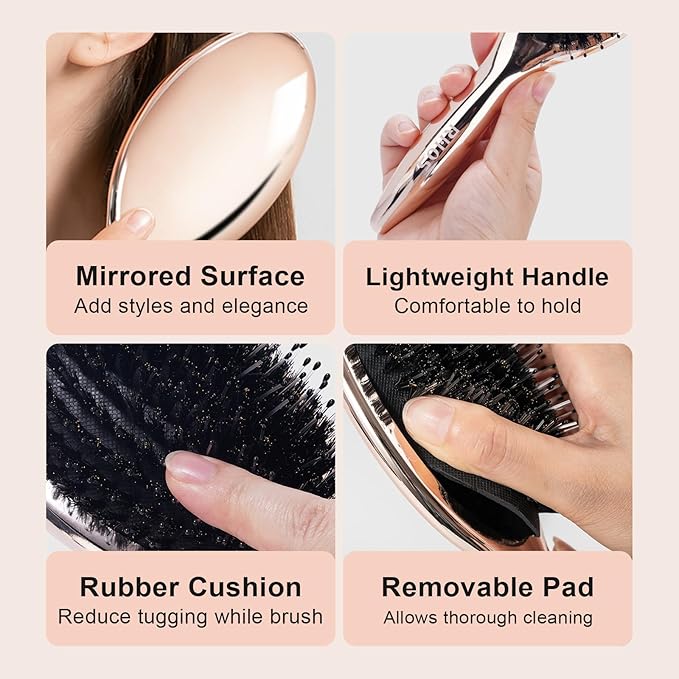 RHOS Boar and Nylon Bristle Hair Brush for Long, Curly, Thick Hair, Soft Natural Bristle Detangling Brush, Smooth & Shine, Set Includes Rat Tail Comb, Storage Bag (0.79inch Bristle)