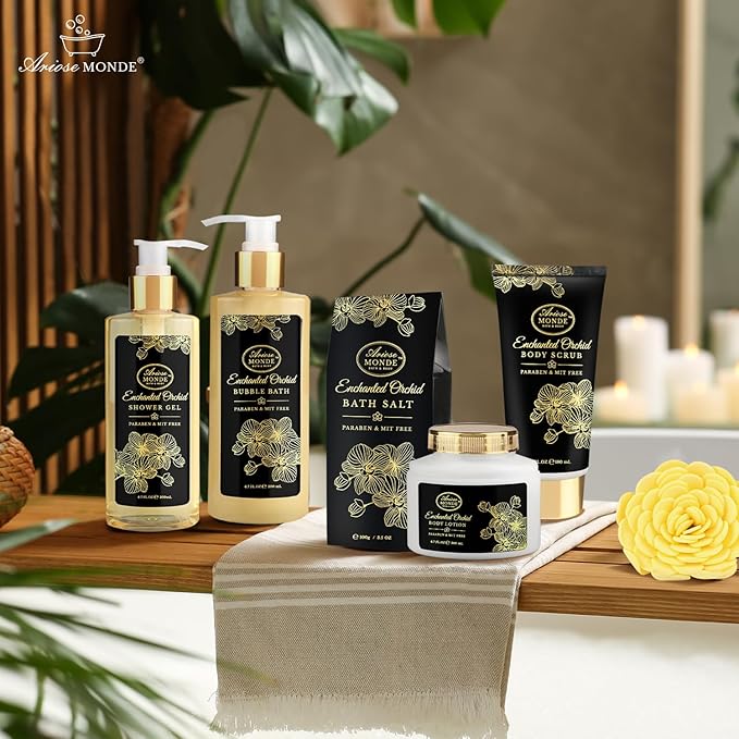 Spa Gift Baskets for Women, Gift Set for Mom Enchanted Orchid Scent, Home Spa Kit with Bubble Bath, Body Lotion, Bath Bomb, Bath Salt, Bath Gift Baskets, Birthday Gifts for Women