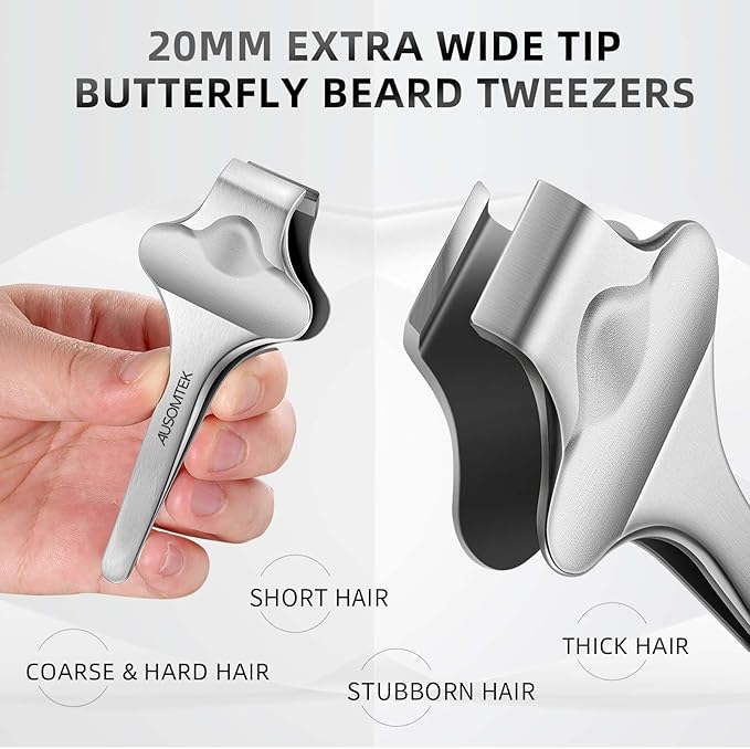 20mm Precision Butterfly Tweezers for Beard, Eyebrows, Facial & Ingrown Hair - Wide Tip, Stainless Steel - Hair Removal Tool with Anti-Slip Slot & Case - for Men & Women