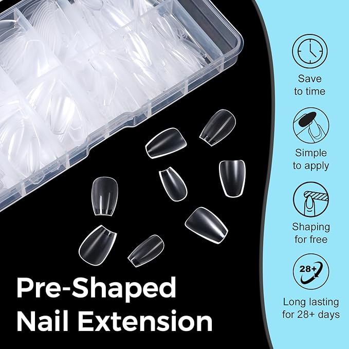 TOMICCA Short Coffin Nail Tips Acrylic Nails 240Pcs Acrylic Nail Kit Gel Nail Tips Pre-shape Clear Nails for Beginner and Professional DIY Salon 12 Sizes