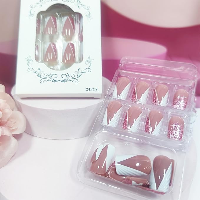 24Pcs Peach Blossom Stick on Nails Spring Flower Press on Nails Medium Square Acrylic Full Cover False Nails Glossy Pink Glitter Fake Nails Stars Gel Glue on Nails for Coquette Women Girls