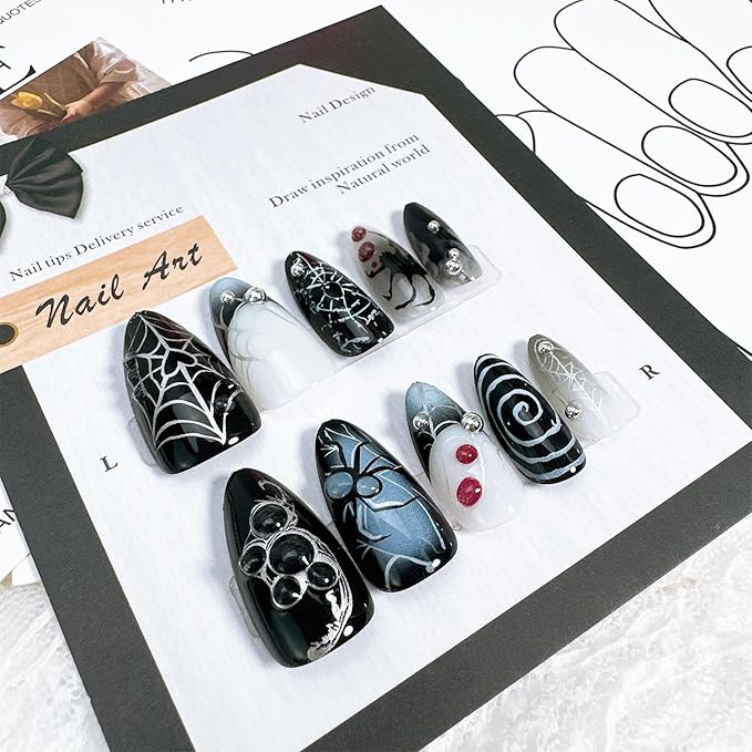 24pcs Halloween Press on Nails Medium Almond Fake Nails with 3D Spider Designs Spider Web False Nails French Tip Acrylic Nail Full Cover Glue on Nails for Women Holiday Nail Decoration