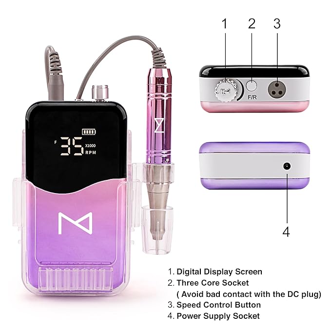 M Mase- Professional Nail Drill Machine - Coreless 2-in-1 Nail File - Electric, Cordless, 35000 RPM, HD Display - Electric Nail Drill for Professional & Home Use (Pink Gold)