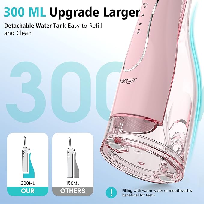 Leominor Water Flosser Pick for Teeth, 300ML Portable Oral Irrigator Upgraded Tank Removable,IPX7 Waterproof, Rechargeable Travel Teeth Cleaner, Professional Electric Flossing Machine (Pink)