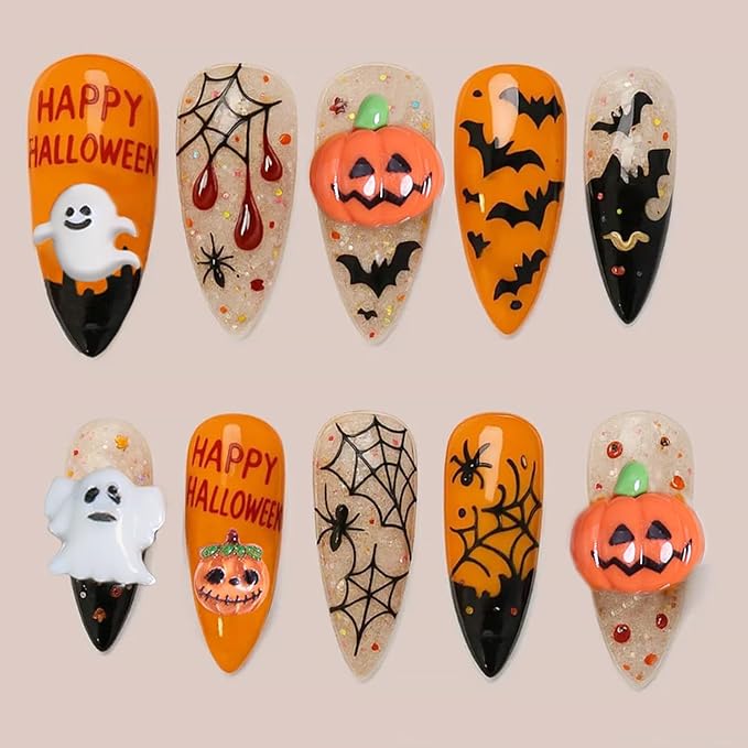 24Pcs Halloween Press on Nails Medium Almond French Tip Fake Nails 3D Cute Ghost Pumpkin Gems False Nails with Spider Web Bat Design Orange Stick on Nails Full Cover Artificial Glue on Nail for Women