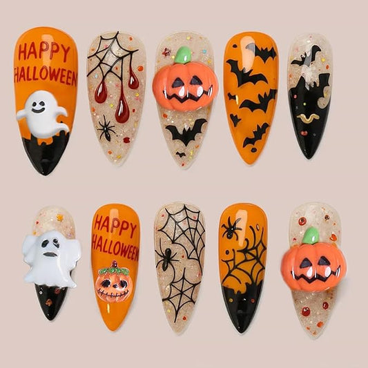 24Pcs Halloween Press on Nails Medium Almond French Tip Fake Nails 3D Cute Ghost Pumpkin Gems False Nails with Spider Web Bat Design Orange Stick on Nails Full Cover Artificial Glue on Nail for Women