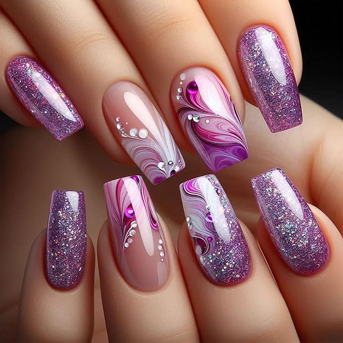 Purple French Tip Press on Nails Medium Ballet Shaped Stripes Purple Glitter Powder Design Full Cover Artificial Stick on Nail Rhinestones False Nail Acrylic Press Ons Glue on Nails for Women 24Pcs