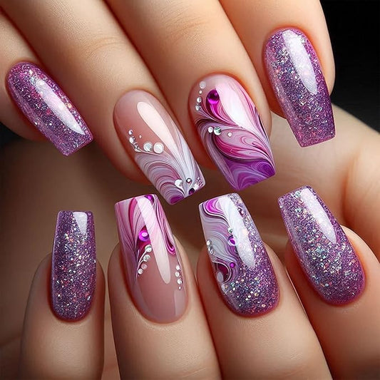Purple French Tip Press on Nails Medium Ballet Shaped Stripes Purple Glitter Powder Design Full Cover Artificial Stick on Nail Rhinestones False Nail Acrylic Press Ons Glue on Nails for Women 24Pcs