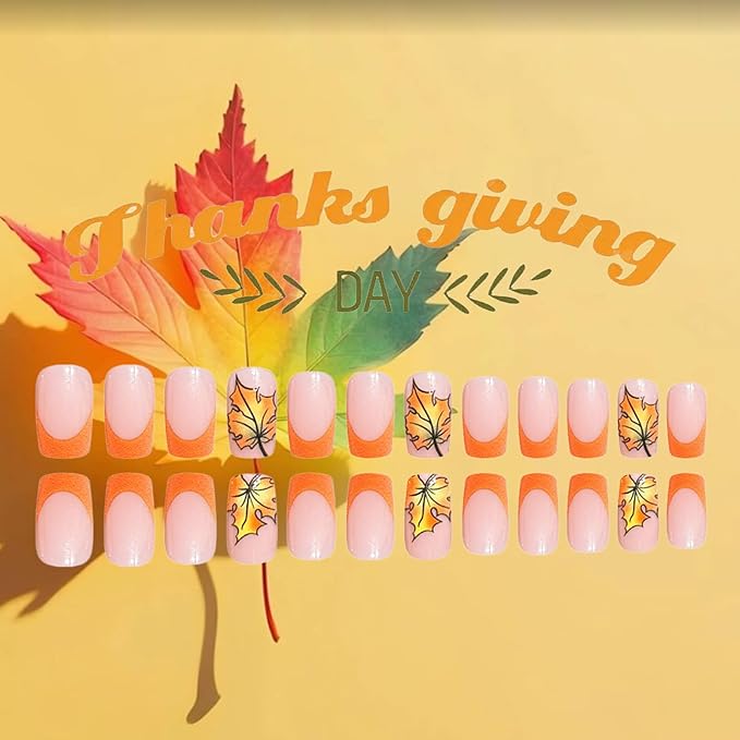 24Pcs Maple Leaf Press on Nails Thanksgiving Medium Square False Nails Fall Leaves Stick on Fingernails Glossy Orange French Tips Acrylic Fake Nail Autumn Gel Glue on Nail for Coquette Women Girls