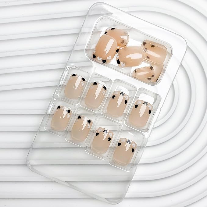 Short Square French Tip Fake Nails with Heart Love Design - Cute Nude Nature Squoval False Glossy Glue on Nails 24 Pcs