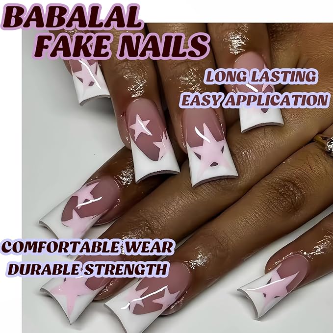 BABALAL Duck Nails Press on Fake Nails Star Glue on Nails Y2k Acrylic Nails White French Tip Gyaru False Nails 24Pcs Glossy Manicure Duck Bill Stick on Nails for Women Girls