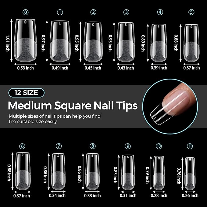 TOMICCA Medium Square Nail Tips Acrylic Nails 240Pcs Acrylic Nail Kit Pre-shape Full Cover Clear Nails Gel Nail Tips for Extension Nail Home DIY, 12 Sizes