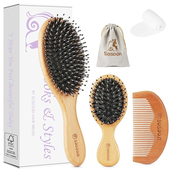 Hair Brush Set - Boar Bristle for Women Men Kids All Hair Types, Detangling & Smoothing, Regular & Small Travel Brush, Wooden Comb, Travel Bag, Spa Headband, Cleaner Included