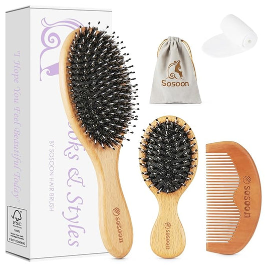 Hair Brush Set - Boar Bristle for Women Men Kids All Hair Types, Detangling & Smoothing, Regular & Small Travel Brush, Wooden Comb, Travel Bag, Spa Headband, Cleaner Included