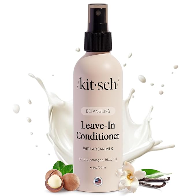 Kitsch Argan Milk Leave In Conditioner Spray – Lightweight Moisturizing Hair Spray for Women and Men - Hair Detangler Spray for Curly, Wavy, Fine, Dry & Damaged Hair - Silicone-Free - 6.8oz