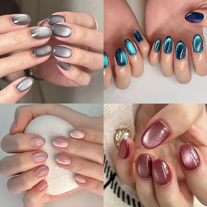 4 Packs (96 Pcs) Short Almond Press on Nails - Mix Color, Glitter Fake Nails, Oval Glue on Nails, Gel False Nails for Women, Stick on Kit 12 Sizes-4 Styles