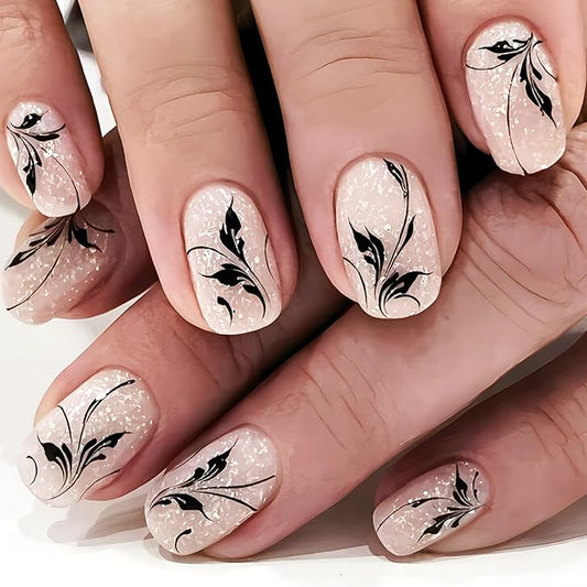 Black Leaf Press on Nails Fall Vine Stick on Fingernails 24Pcs Glossy Silver Glitter Acrylic Fake Nail Thanksgiving Medium Square False Nails Autumn Gel Glue on Nail for Coquette Women Girls