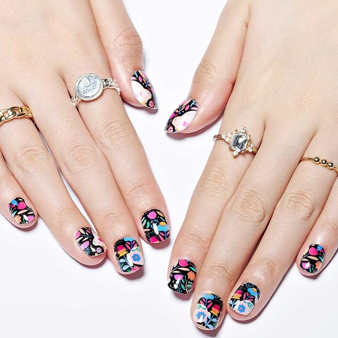 GLAMERMAID Extra Short Press on Nails 24PCS, Fall Black Rabbit in Flower Fall Gel Glue on Nails, Glossy Round Reusable UV Finish Fake Nails Acrylic False Nails Manicure Kits for Women