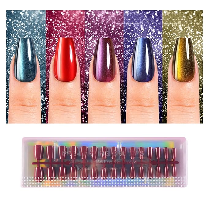150Pcs Cat Eye Press on Nails, Plauva Short Coffin Fake Nails, Glossy Glitter Cat Eye Nail Tips, Soft Gel Stick On Nails for Women and Girls 15 Sizes