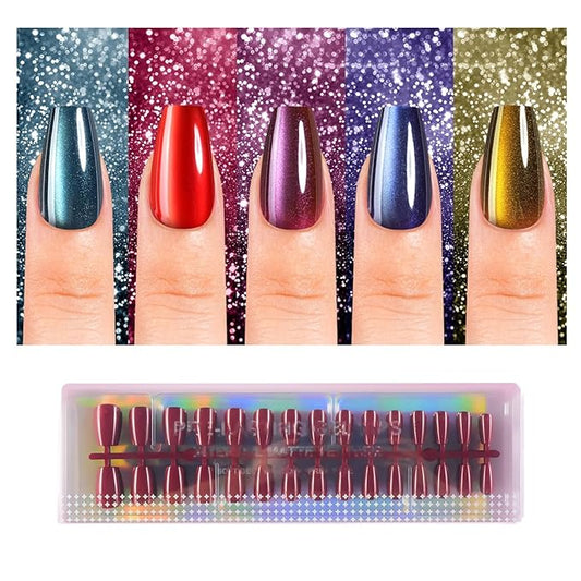 150Pcs Cat Eye Press on Nails, Plauva Short Coffin Fake Nails, Glossy Glitter Cat Eye Nail Tips, Soft Gel Stick On Nails for Women and Girls 15 Sizes
