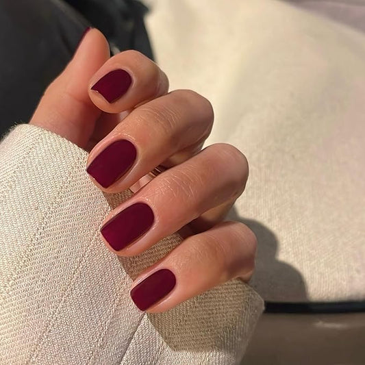 48Pcs Matte Burgundy Red Press on Nails Short Square, Dark Red Glue on Gel Nails, Acrylic Stick on False Nails for Women, Natural Handmade Extra Short
