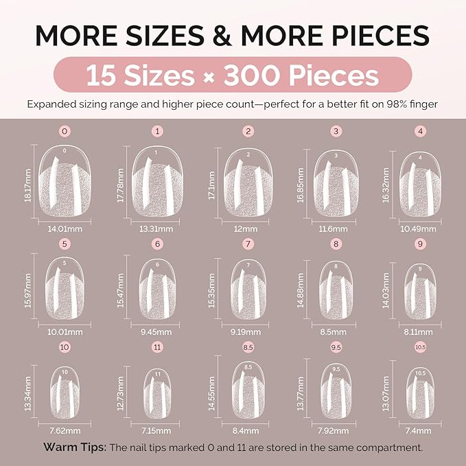 MelodySusie Short Oval Round Almond X Nail Tips - 300Pcs Clear Acrylic,Half Matte Full Cover Press on Nails for DIY Extension & Salon Use,15 Sizes Pre-Shaped for Long-Lasting Manicure