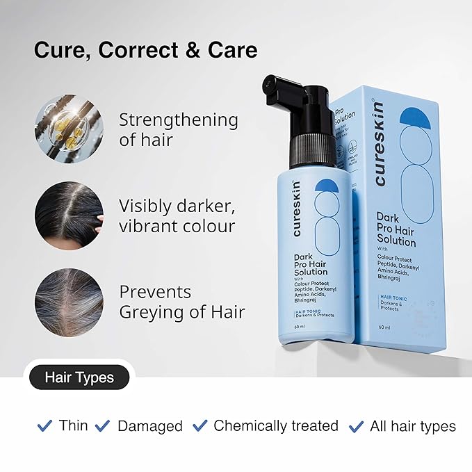 Cureskin Anti Grey Hair Serum | Gradually Reduces Gray Hair on Head & Beard Without Dye | Restores Natural Hair Colour with Peptide-52, Acetyl Tyrosine & Larix Extract | Peroxide & Ammonia Free
