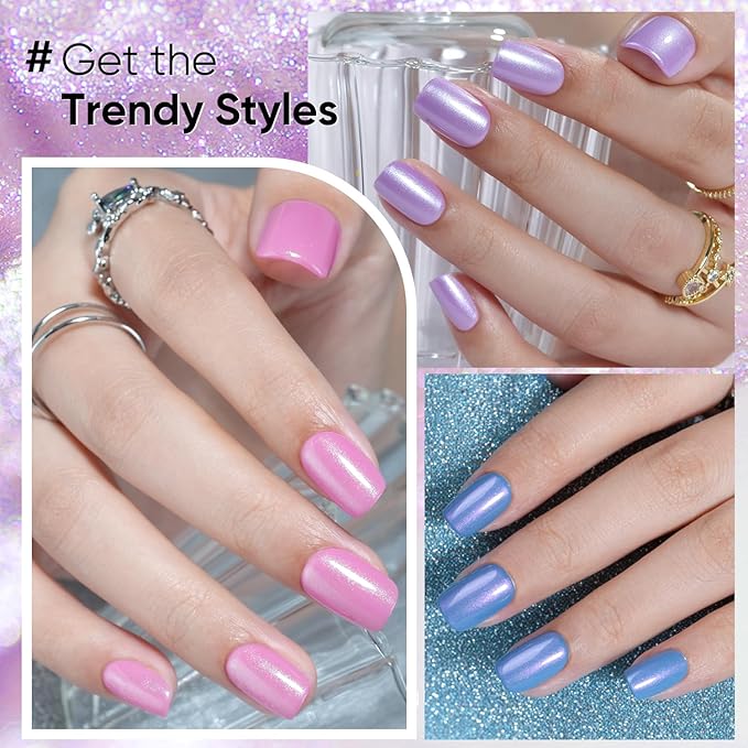 Jofay Fashion Press on Nails Short - 5 Styles Fake Nails with Pink & Blue & Purple Collection Mermaid Meal, Glossy Acrylic False Nails Reusable Full Cover Stick on Fake Nails, 16 Sizes