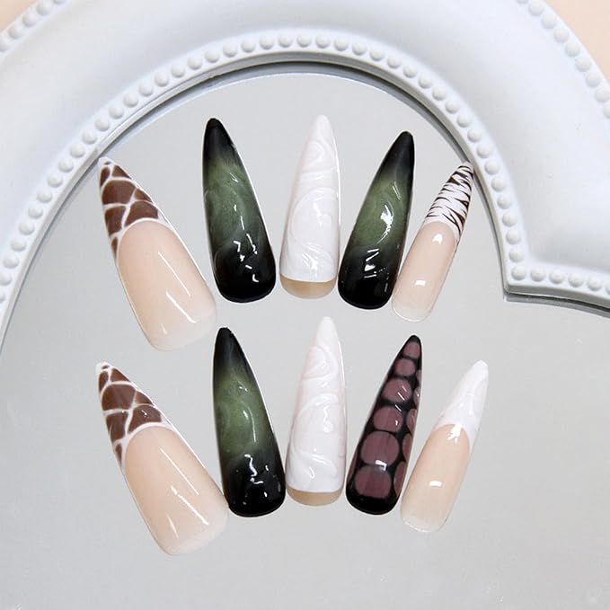 3D Press on Nails Animal Print French Tips Fake Nails Zebra Crocodile Tortoiseshell Patterns False Nails Long Stiletto Full Cover Artificial Glue on Nails Star Stick on Nail for Women 24Pcs