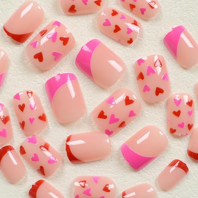 24Pcs Colourful Heart Press on Nails Short Square Valentines Fake Nails Heart Full Cover Design Acrylic Nails French Tip Press ons Cute Coffin False Nails Valentines Artificial Nails for Women