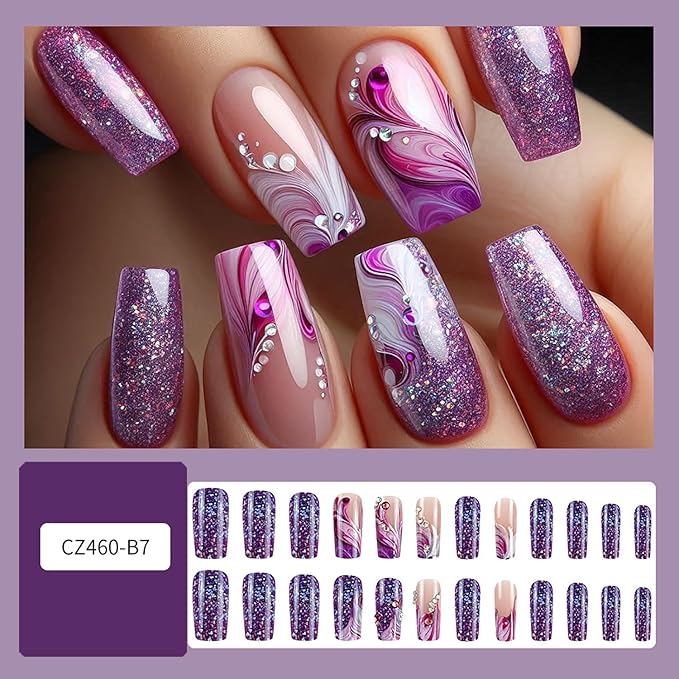 Purple French Tip Press on Nails Medium Ballet Shaped Stripes Purple Glitter Powder Design Full Cover Artificial Stick on Nail Rhinestones False Nail Acrylic Press Ons Glue on Nails for Women 24Pcs