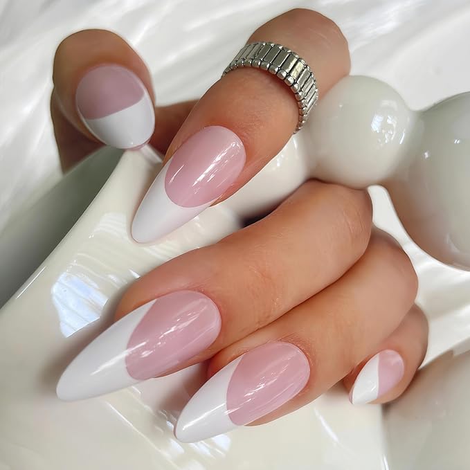 Medium Almond French Pink Press on Nails – 24PCS Glossy False Nail Tips in 12 Sizes | Soft Fit Back Edge & Hard Front | Glue on Acrylic Nails for Women | Reusable & Natural Look