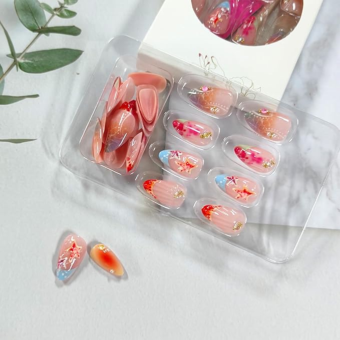 30Pcs Summer Press on Nails French Tip Medium Almond Fake Nails with 3D Starfish Designs Summer Beach False Nails Rhinestone Glue on Nail Handmade Full Cover Acrylic Nails for Women