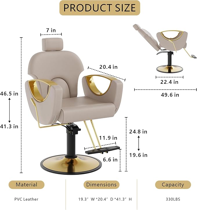 Barber Chair, Reclining Hair Salon Chair, 360 Degrees Swivel Styling Chair, Height Adjustable Hydraulic Shampoo Chairs, Spa Equipment (Gray)