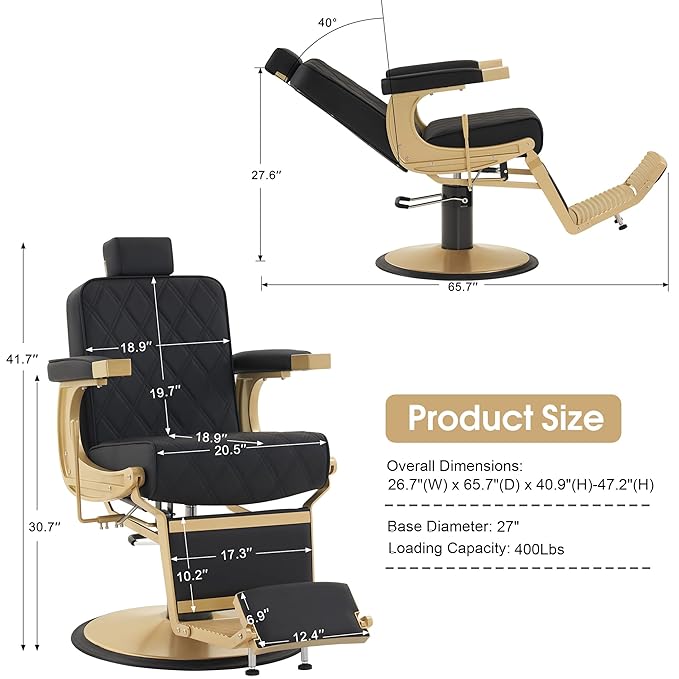 BarberPub Heavy Duty Metal Vintage Barber Chair All Purpose Hydraulic Recline Salon Beauty Spa Shampoo Equipment 3825 (Black with Gold Frame)