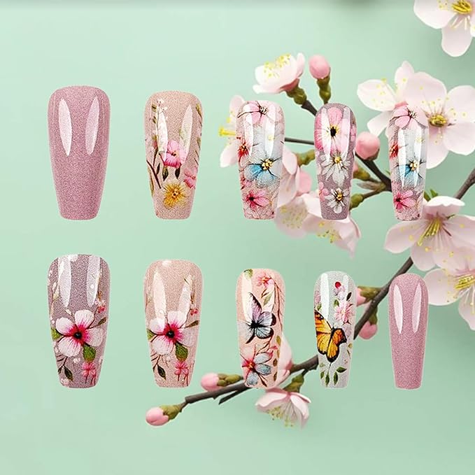 Spring Flower Press on Nails 24Pcs Butterfly Stick on Nails Medium Coffin Acrylic False Nails Glossy Colorful Flowers Fake Nails Rainbow Butterflies Gel Glue on Nails for Coquette Women Girls