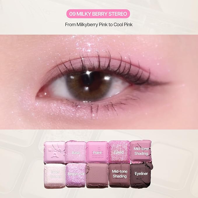 lilybyred Mood Keyboard | 10-Shade Korean Eyeshadow Palette, Highly Pigmented, Matte, Shimmer & Jelly Glitter, Smooth. Blendable, Long-Lasting, Dome-Shaped Design, 0.37 oz. (09 Milky Berry Stereo)