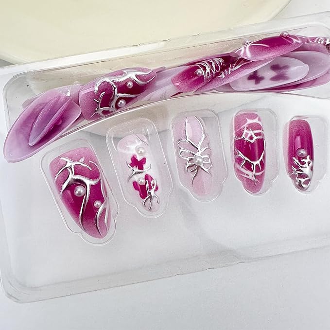 30Pcs Silver Butterfly Press on Nails Medium Almond Fake Nails with 3D Pearl Design Rose Red Gradient Bow Gilded Metal False Nails Y2K Style Full Cover Acrylic Stick on Nails for Manicure DIY